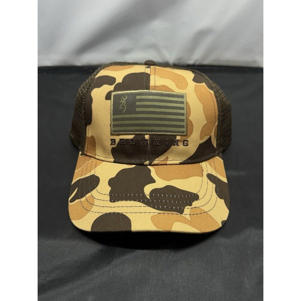 Browning Arms Company Brown Camo Trucker Hat w/ USA Flag Patch Adjustable OS